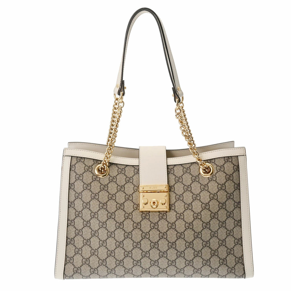 GUCCI Padlock GG Chain Shoulder Bag Beige Supreme Canvas Tote